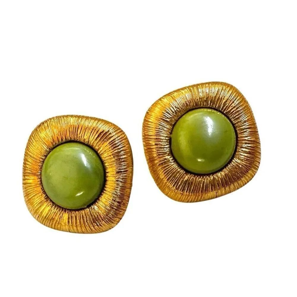 Green and gold tone square post earrings